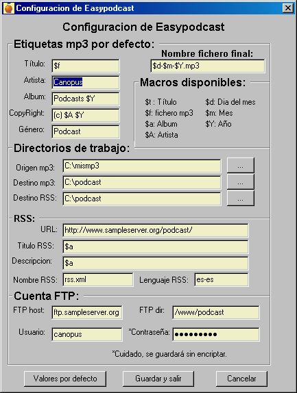 Completa pantalla de configuracin, con posibilidad de insertar macros